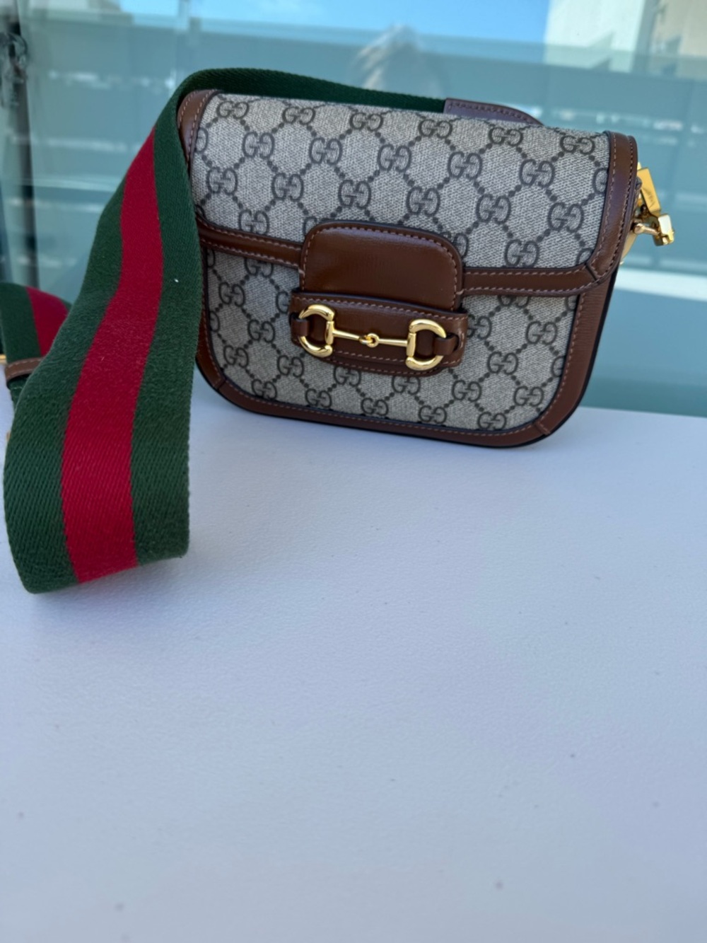 Gucci Beige GG Canvas Crossbody with Brown Leather and Green/Red Strap